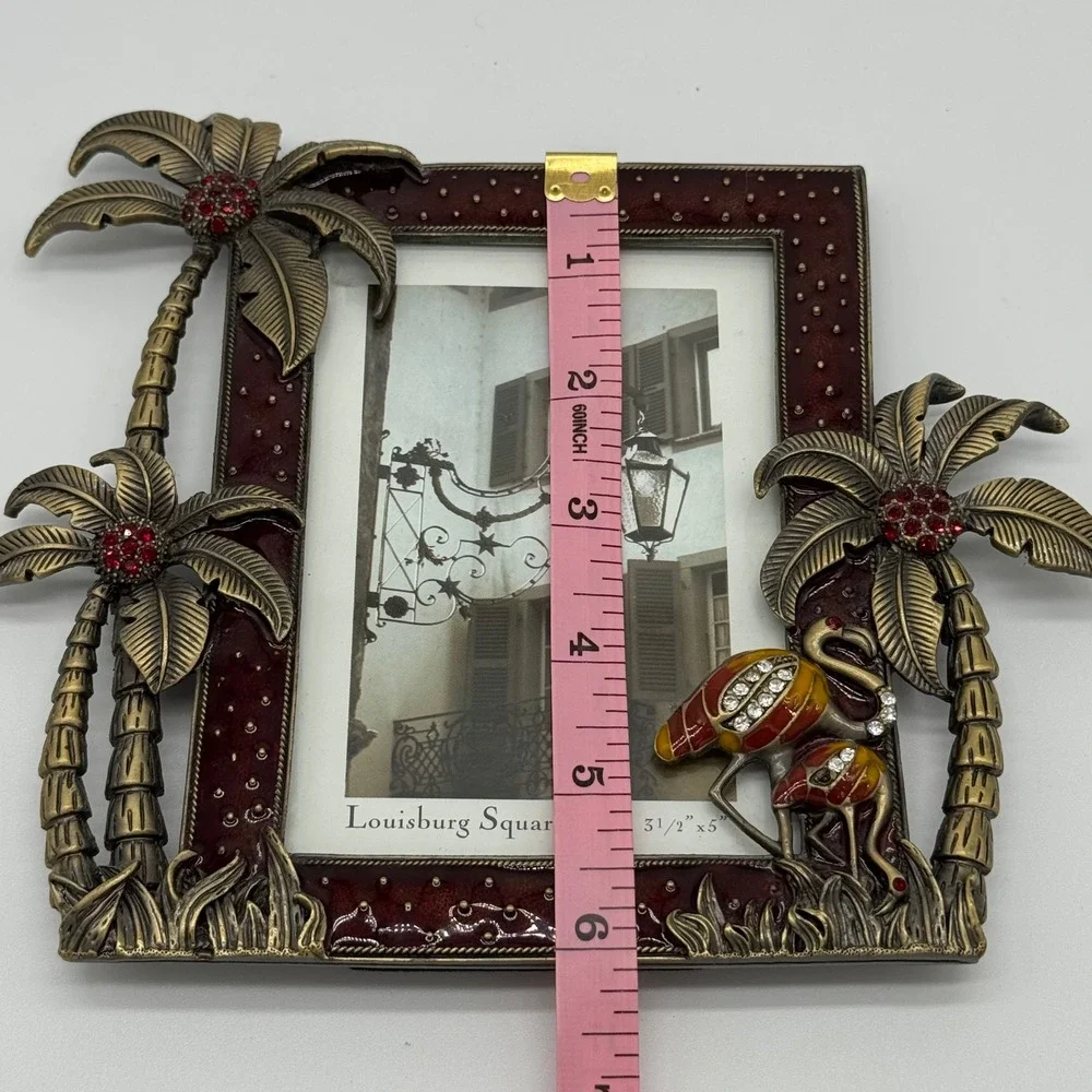 Louisburg Square Jeweled Picture Frame Burgundy Enamel Flamingo Palm Tree 6x8